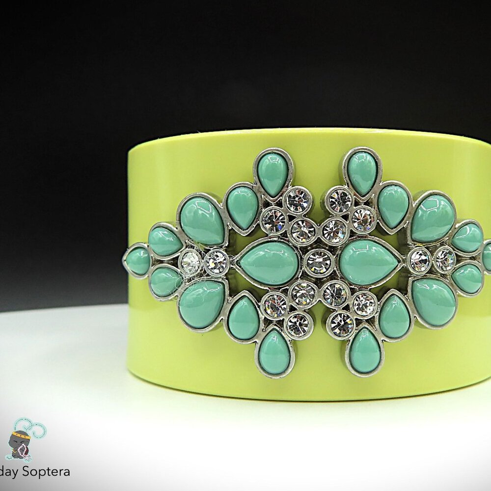 Lia Sophia Acrylic Green Cuff Bracelet with Clear Rhinestones